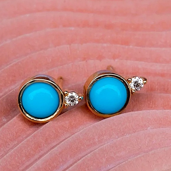 Gold Turquoise Stud Earrings - Picture 3 of 4